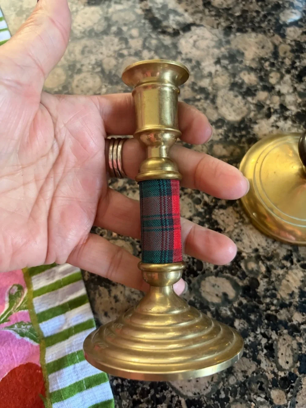 Brass Tartan Accent Candlestick Pair - Classic Home Accent